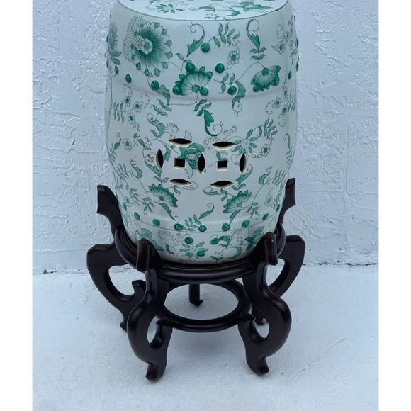 Vintage Antique Chinese Green White Porcelain Floral Garden Stool Plant Stand - Picture 1 of 15